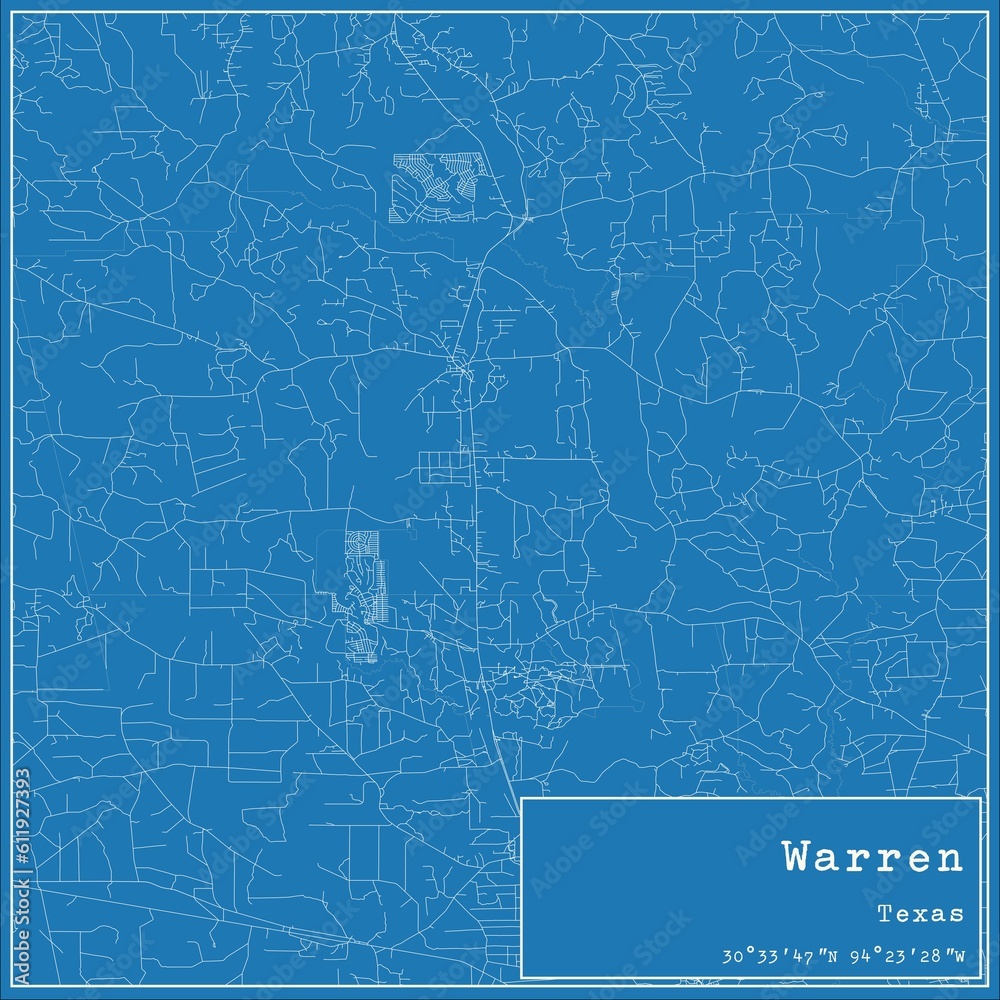 Blueprint US city map of Warren, Texas.