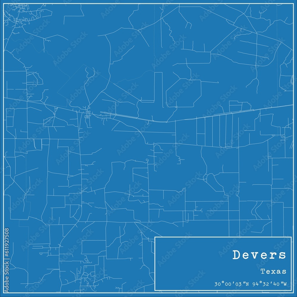 Blueprint US city map of Devers, Texas.