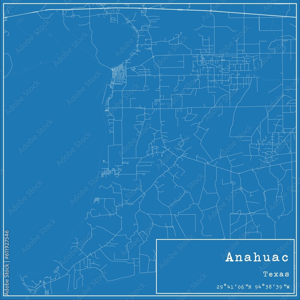 Blueprint US city map of Anahuac, Texas.