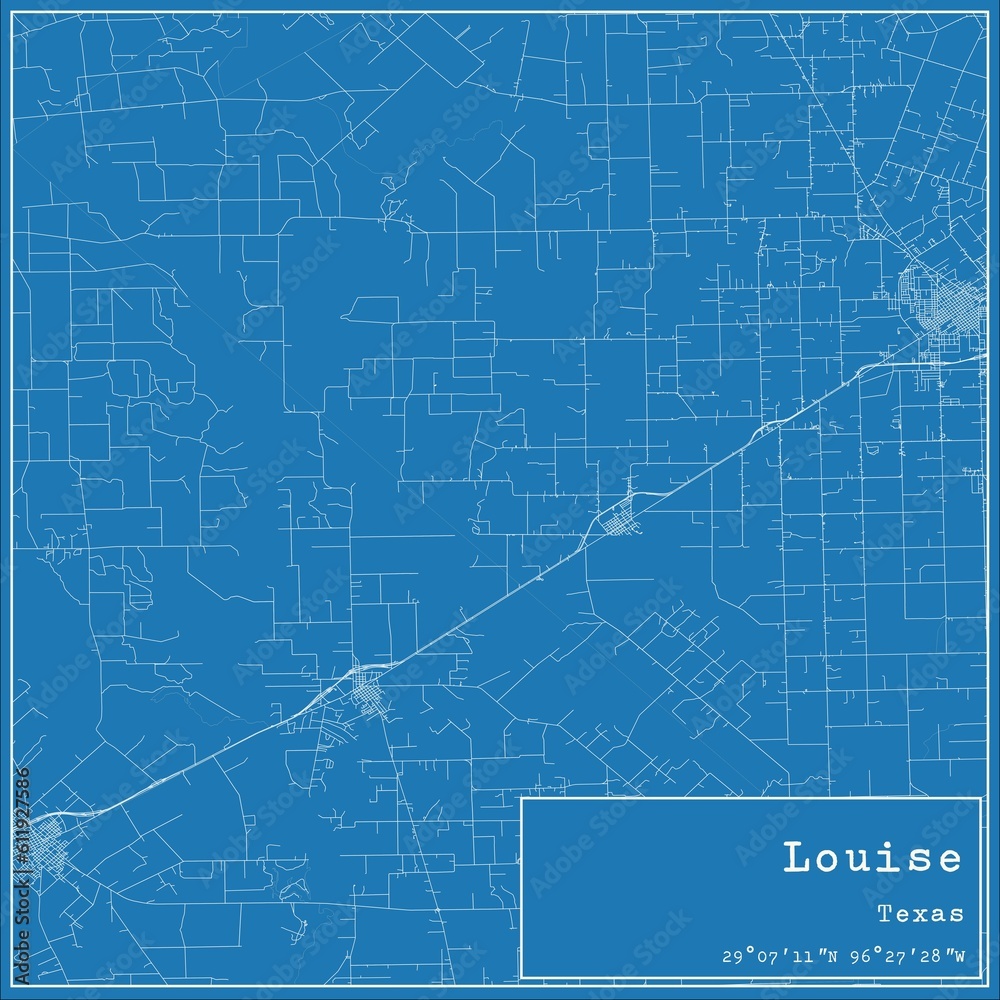 Blueprint US city map of Louise, Texas.