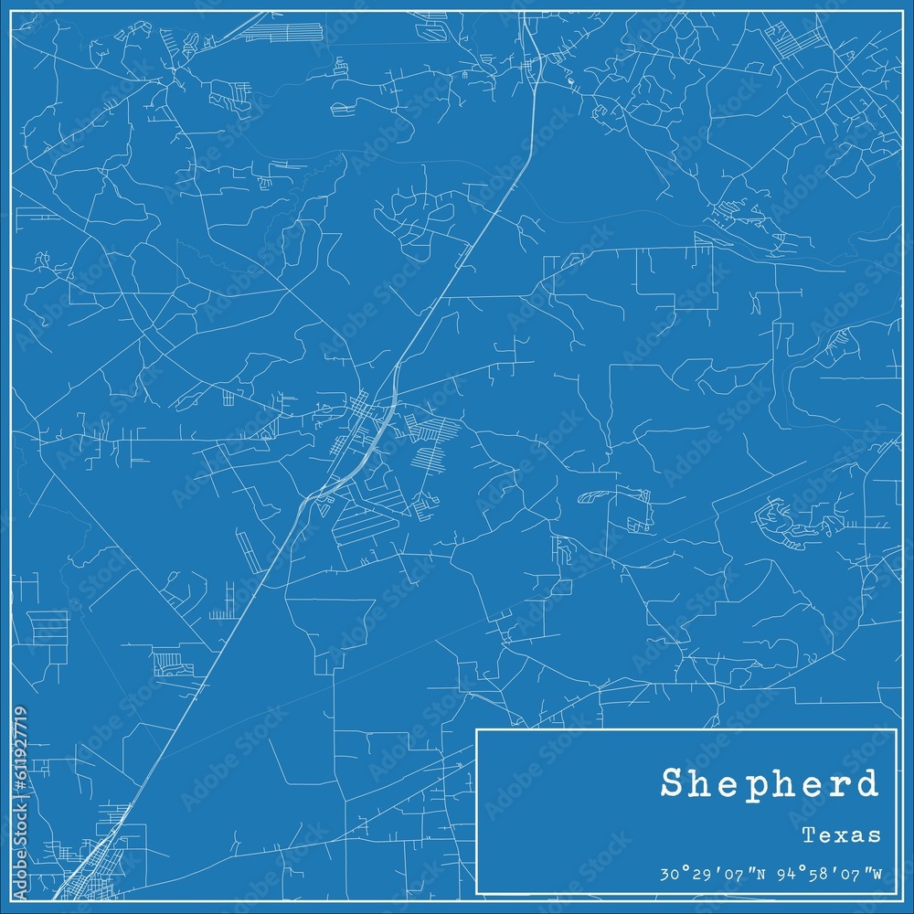 Blueprint US city map of Shepherd, Texas.