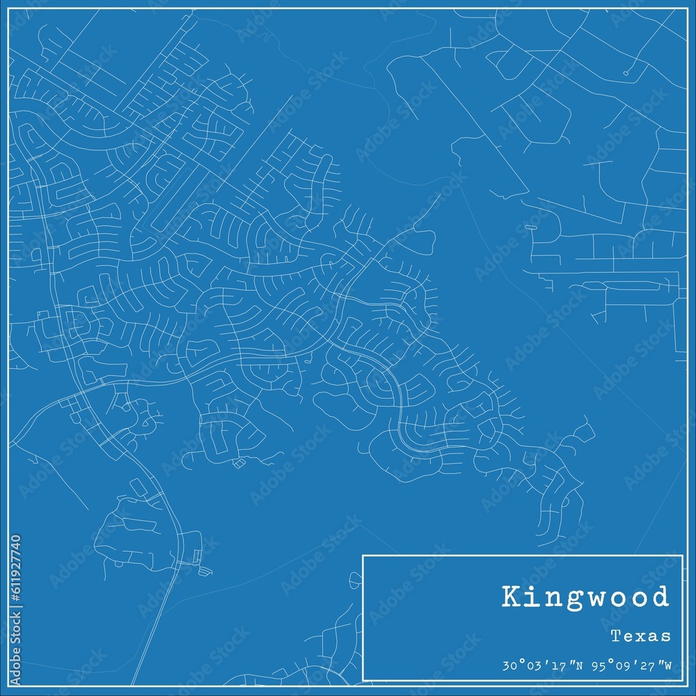 Blueprint US city map of Kingwood, Texas.