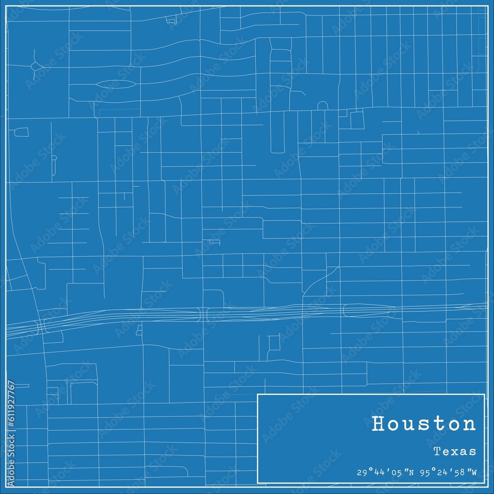 Blueprint US city map of Houston, Texas.