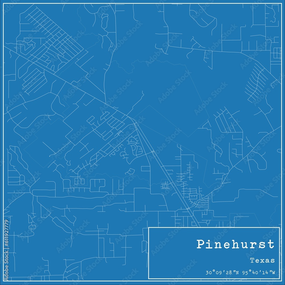 Blueprint US city map of Pinehurst, Texas.