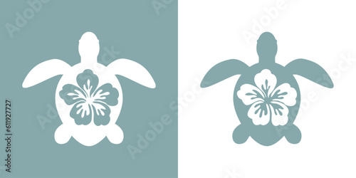 Logo vacaciones en Hawái. Silueta de flor de hibisco en tortuga marina
