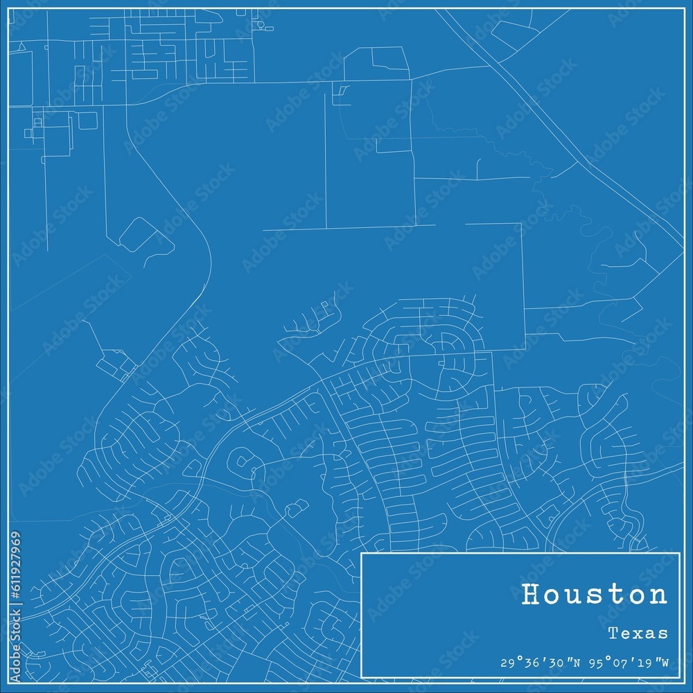 Blueprint US city map of Houston, Texas.