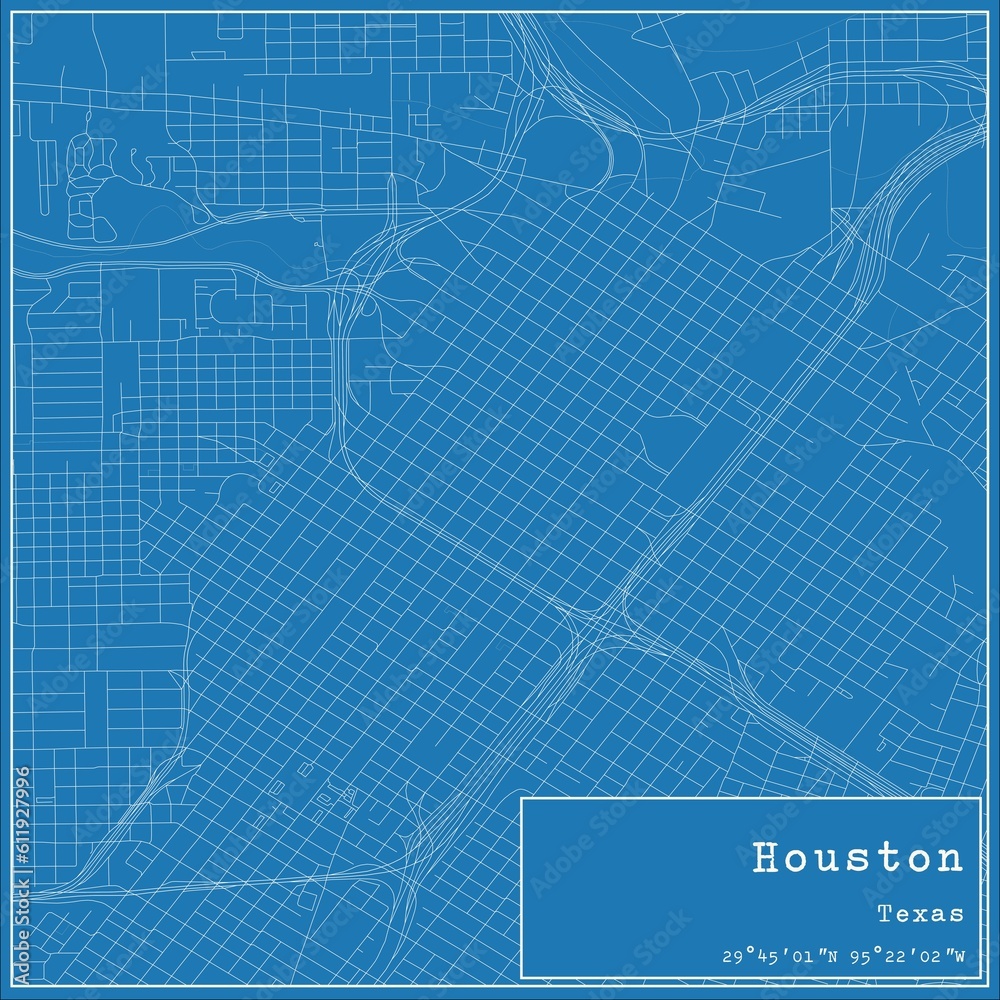 Blueprint US city map of Houston, Texas.