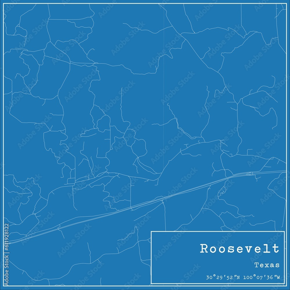 Blueprint US city map of Roosevelt, Texas.