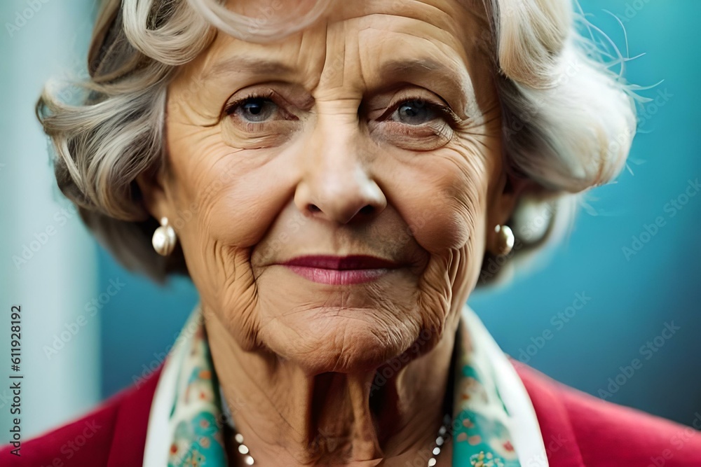 An image of a beautiful senior woman with short grey hair. Headshot. (AI-generated fictional illustration)
An image of a beautiful senior woman with short grey hair. Headshot. (AI-generated fictional illustration)