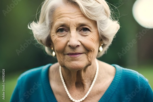 An image of a beautiful senior woman with short grey hair. Headshot. (AI-generated fictional illustration)
