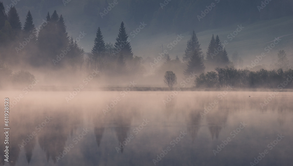 lever de soleil et brume matinale sur le lac de Lamoura dans le Haut Jura en France	 - obrazy, fototapety, plakaty 