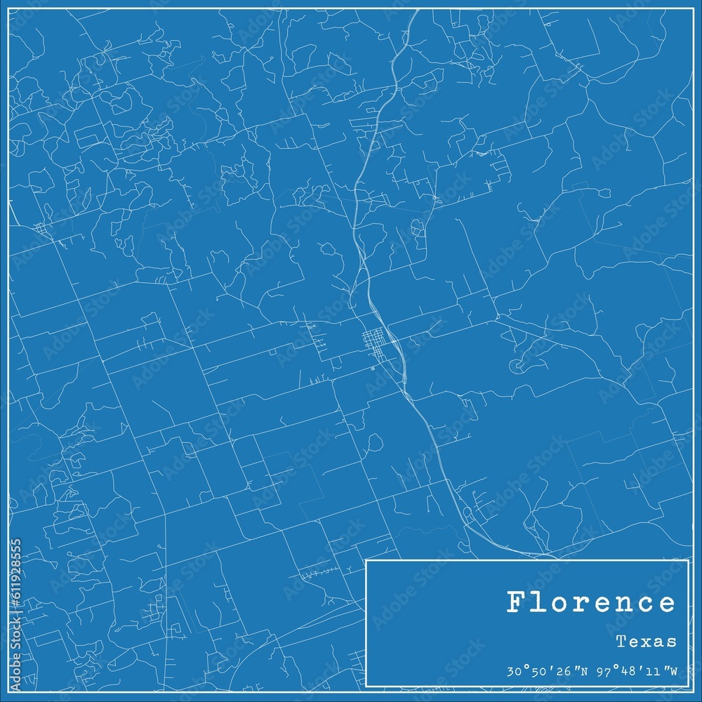 Blueprint US city map of Florence, Texas.