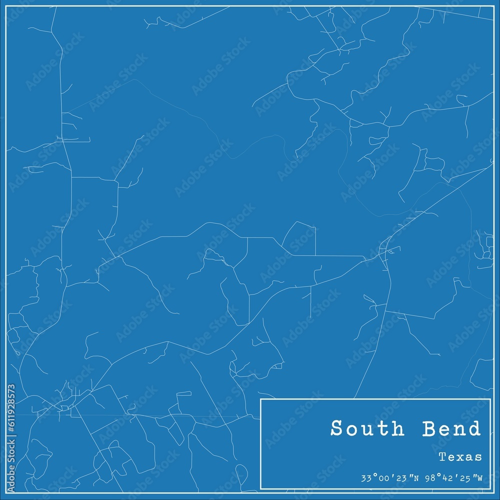 Blueprint US city map of South Bend, Texas.
