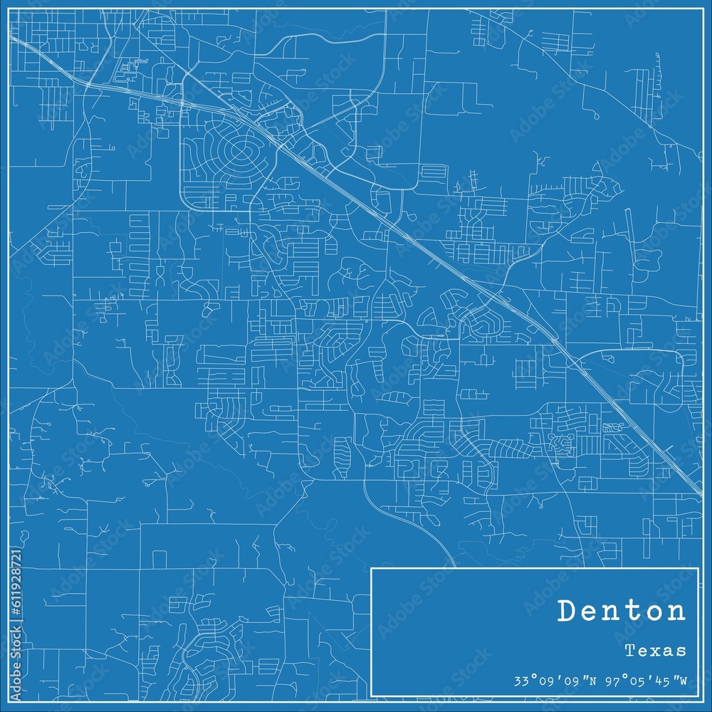 Blueprint US city map of Denton, Texas.