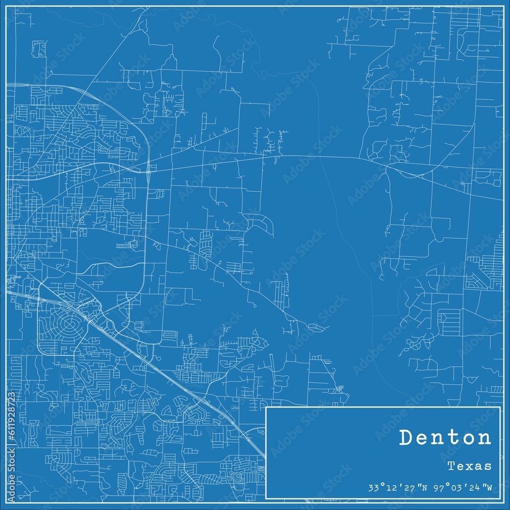 Blueprint US city map of Denton, Texas.