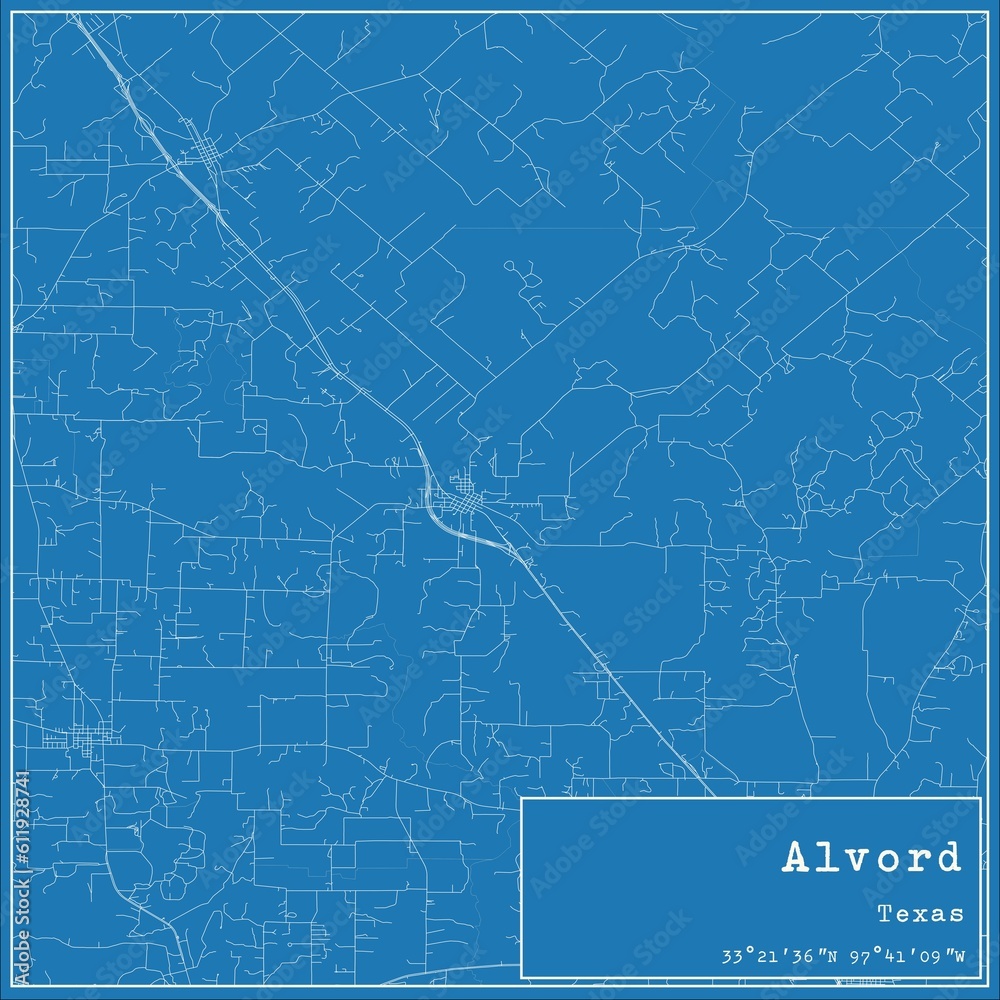 Fototapeta premium Blueprint US city map of Alvord, Texas.