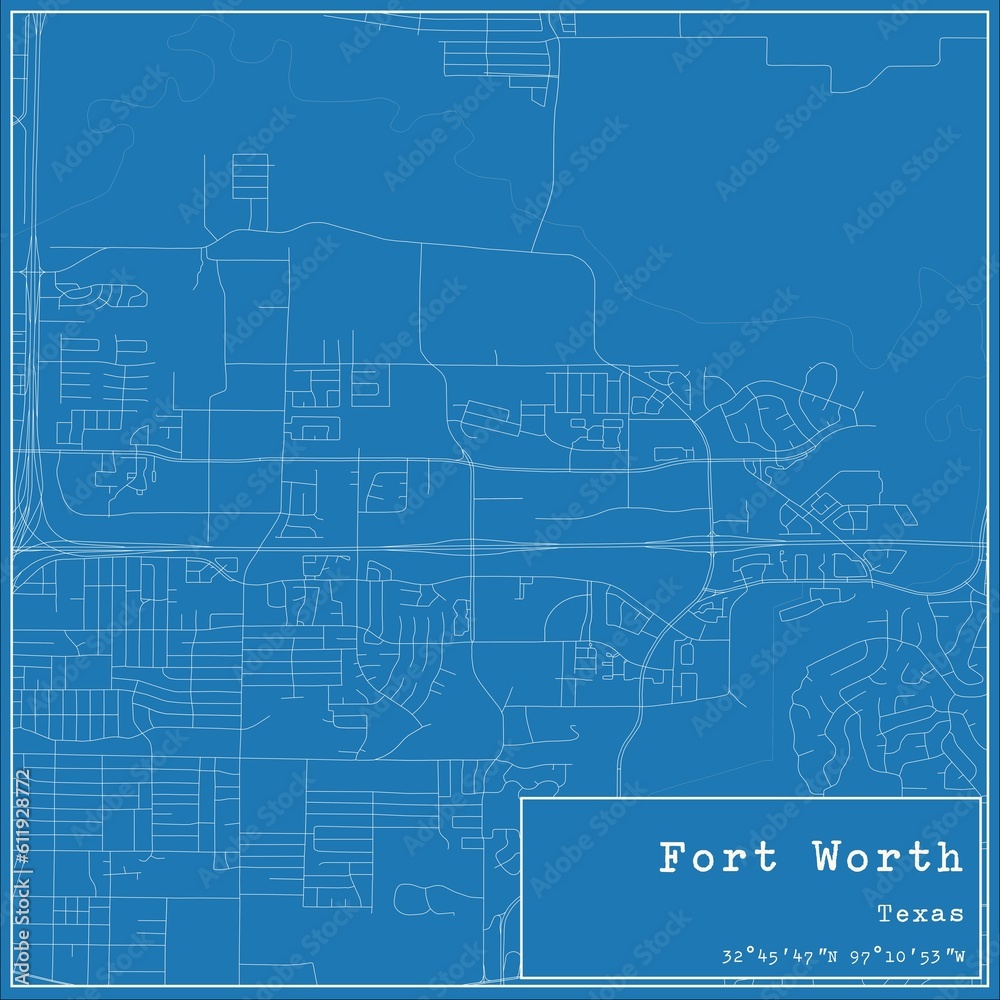 Blueprint US city map of Fort Worth, Texas.