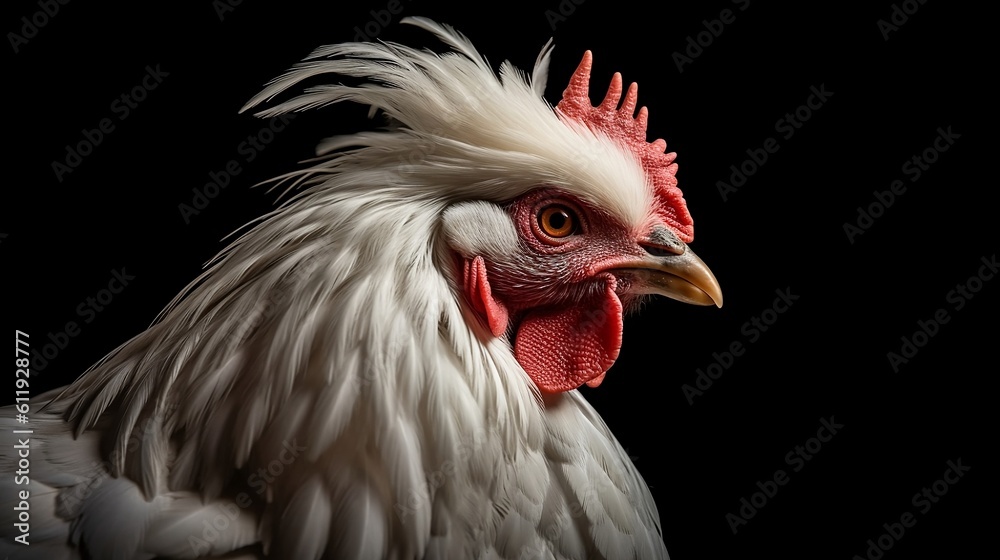 Portrait of a rooster on a black background. Generative AI