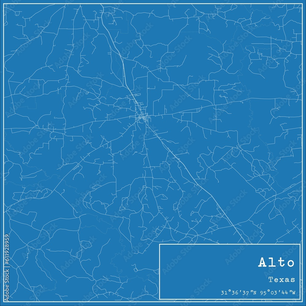 Blueprint US city map of Alto, Texas.