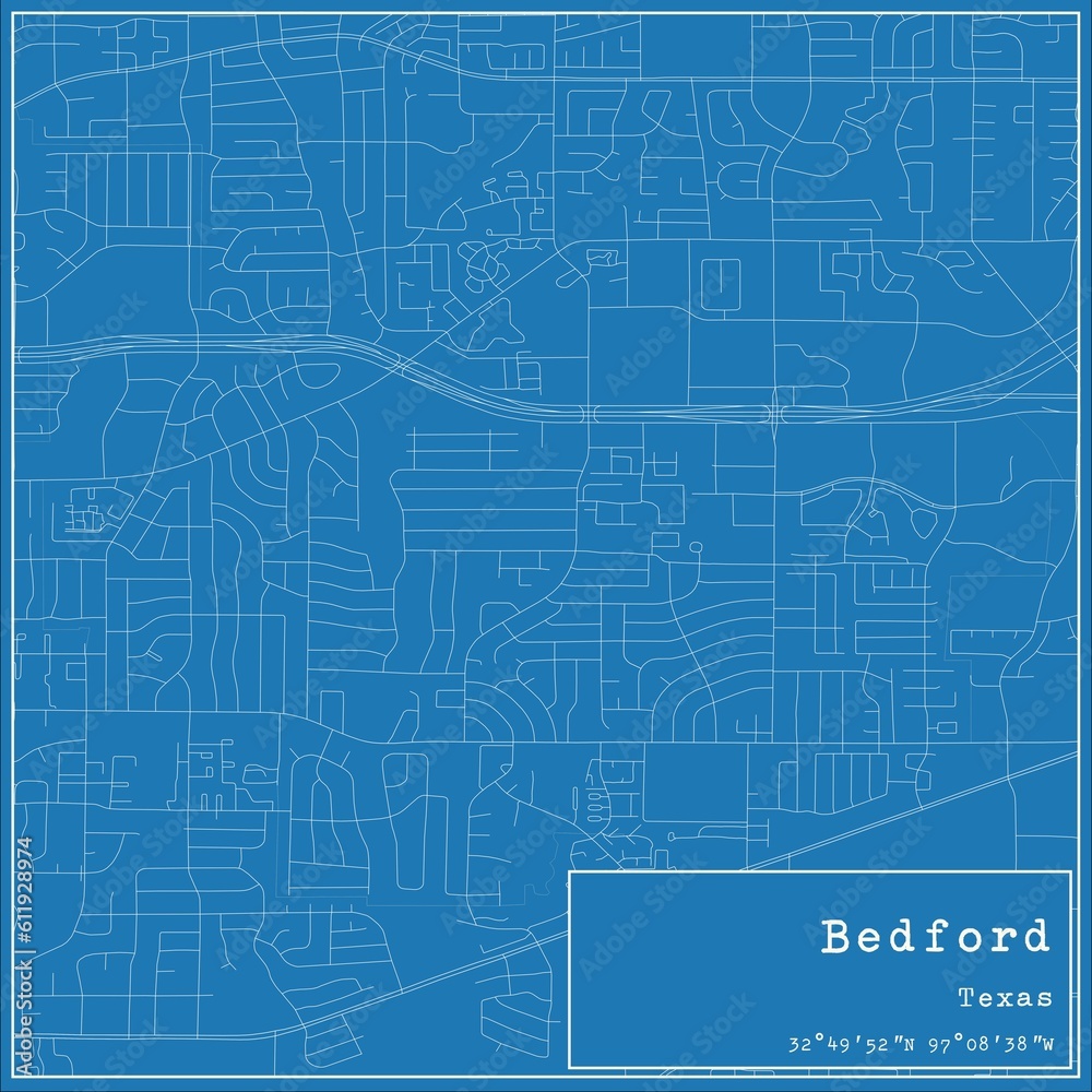 Blueprint US city map of Bedford, Texas.