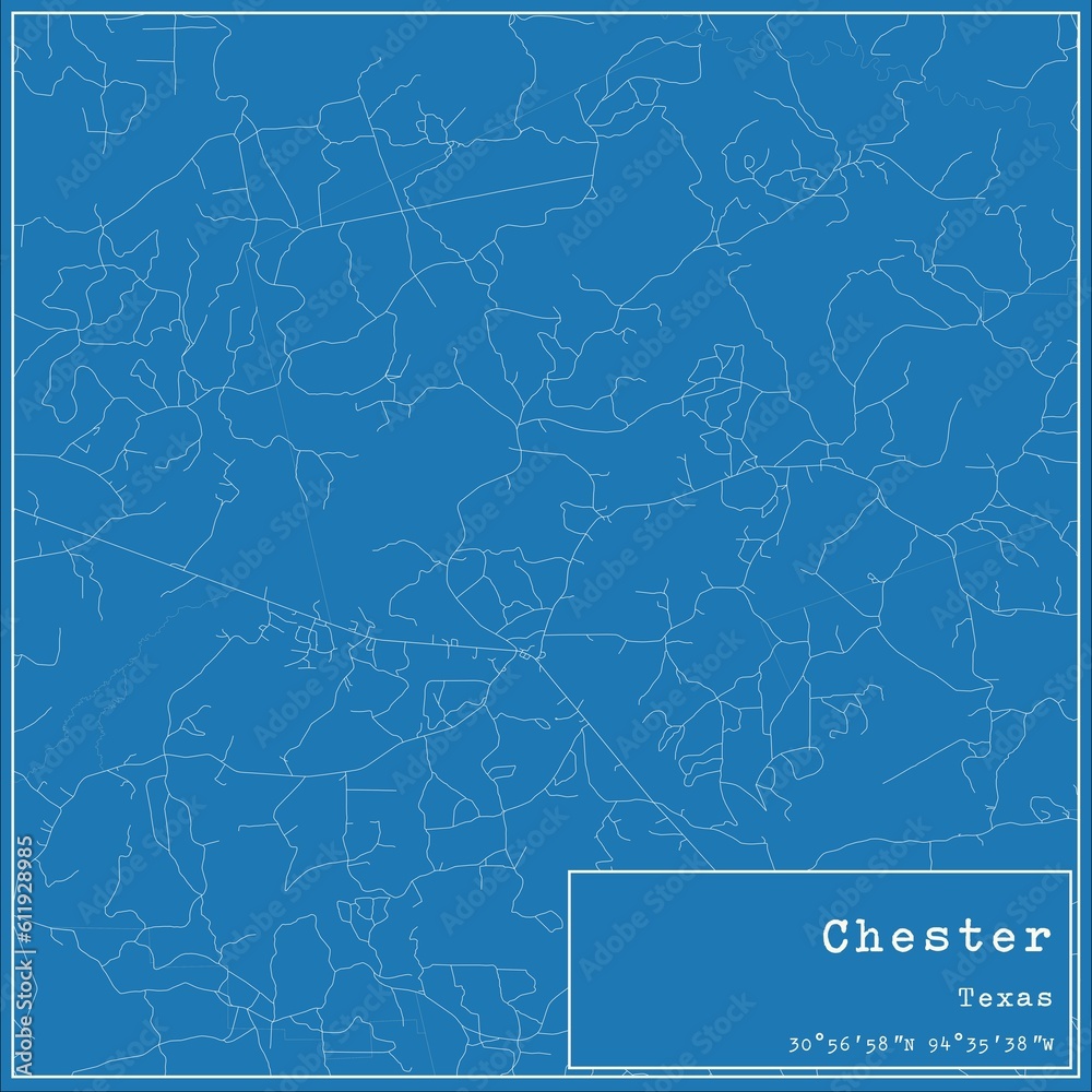 Blueprint US city map of Chester, Texas.