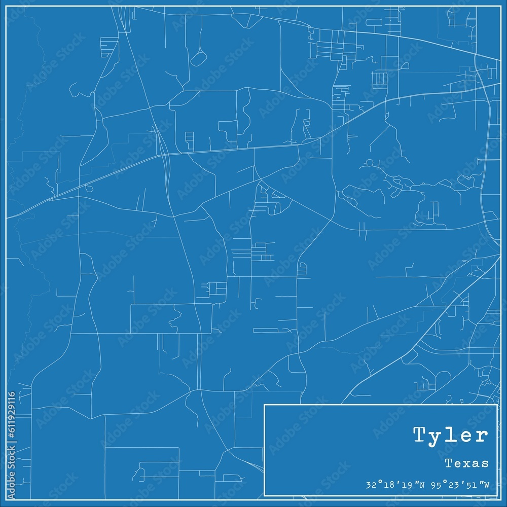 Blueprint US city map of Tyler, Texas.