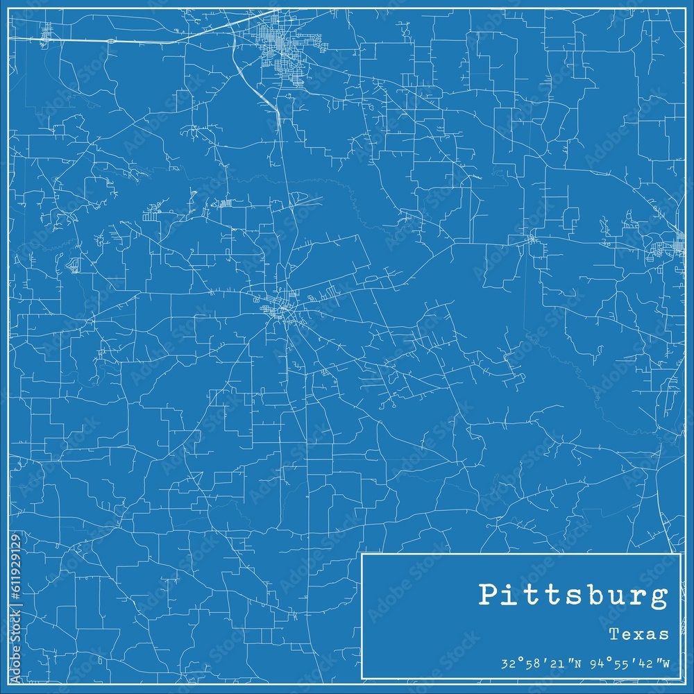 Blueprint US city map of Pittsburg, Texas.