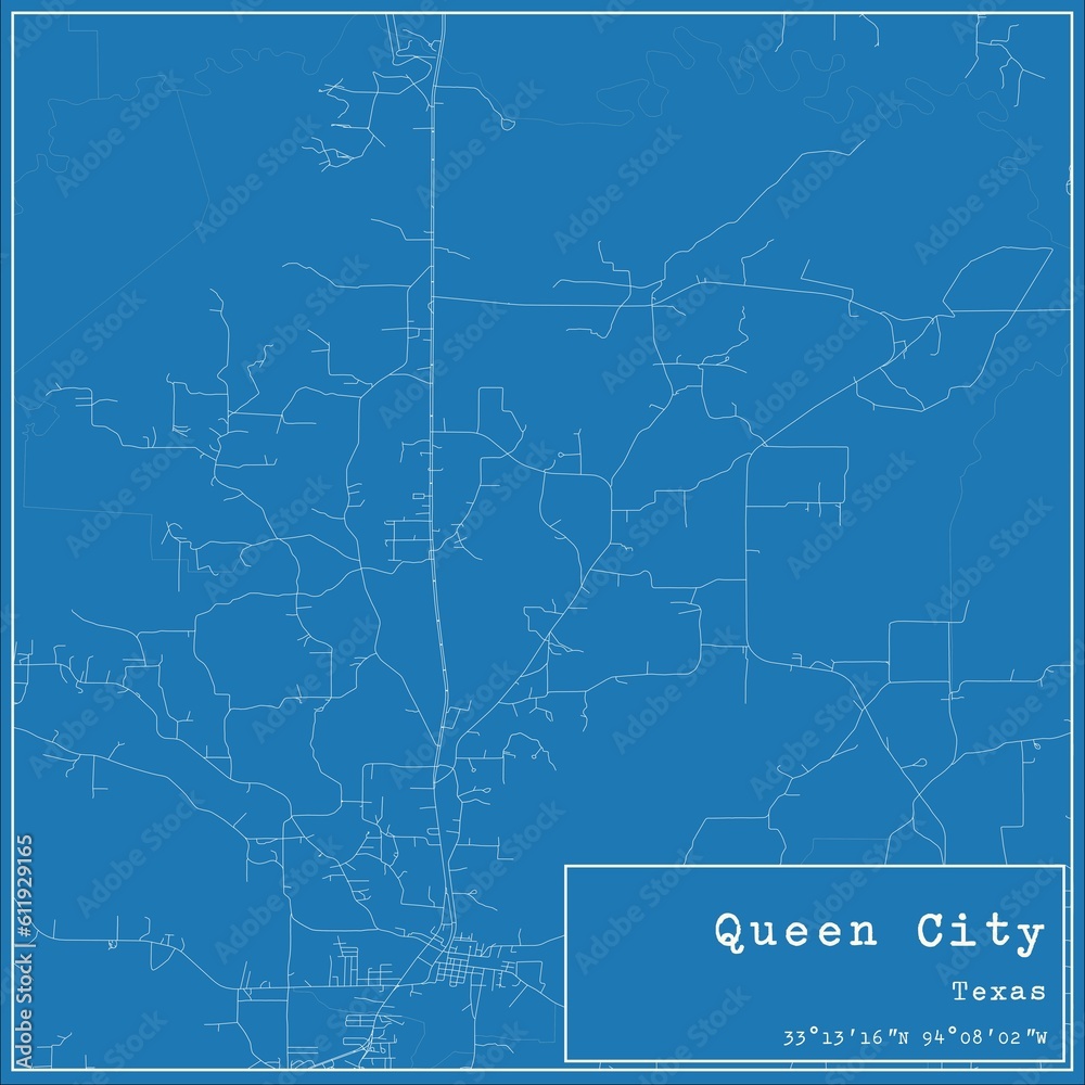 Blueprint US city map of Queen City, Texas.