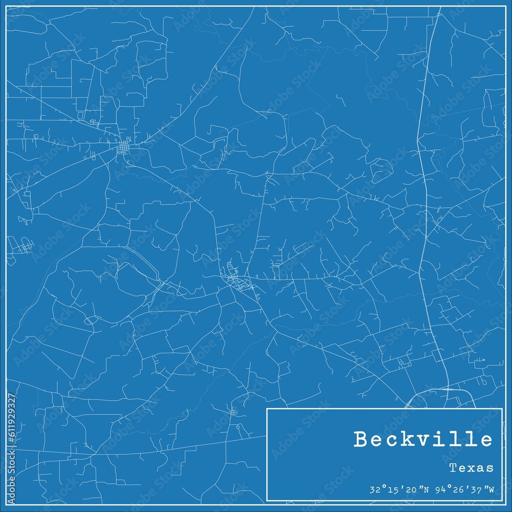 Blueprint US city map of Beckville, Texas.