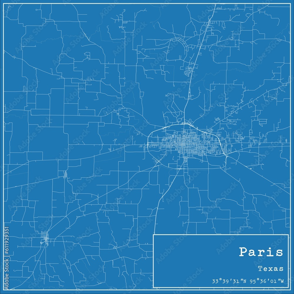 Fototapeta premium Blueprint US city map of Paris, Texas.