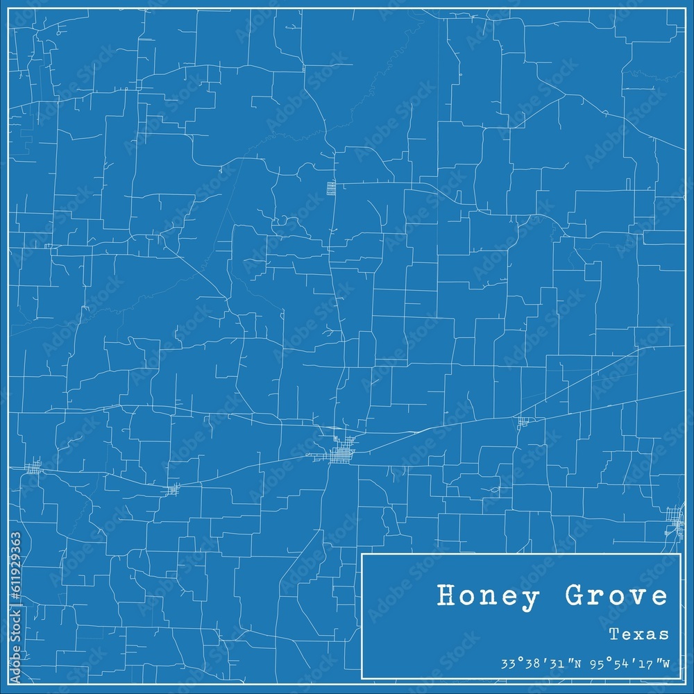 Blueprint US city map of Honey Grove, Texas.