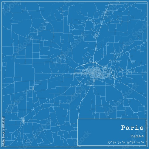 Blueprint US city map of Paris, Texas.