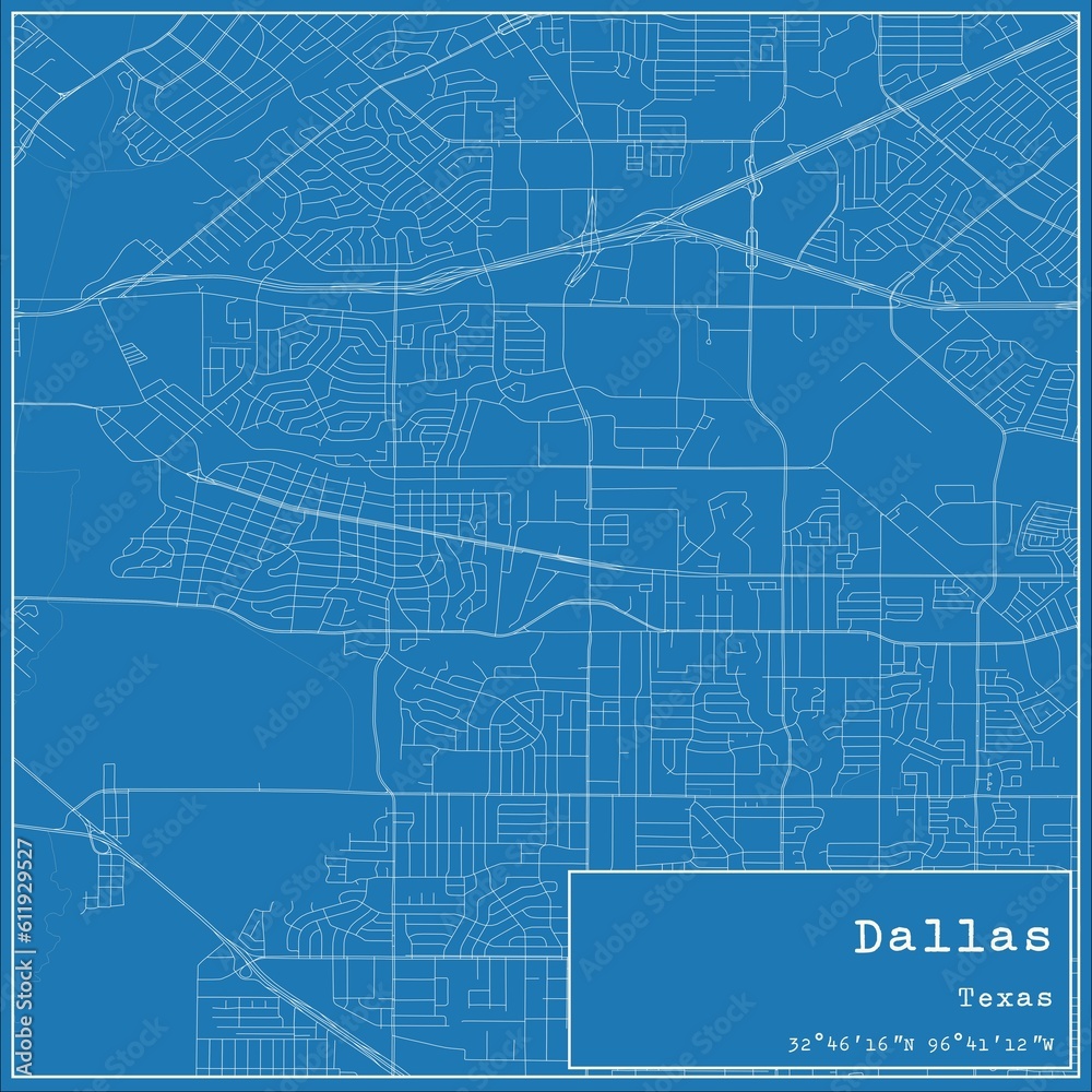 Blueprint US city map of Dallas, Texas.