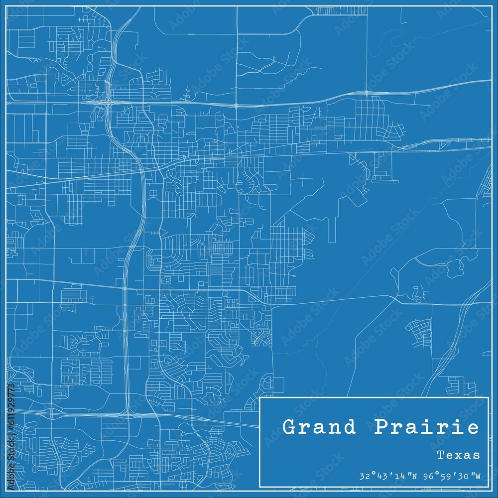 Blueprint US city map of Grand Prairie, Texas.