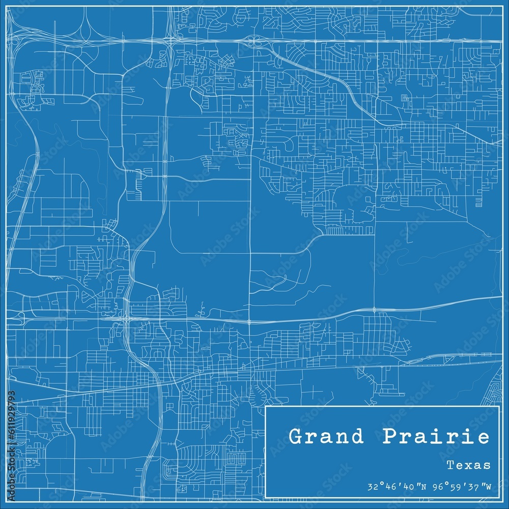 Blueprint US city map of Grand Prairie, Texas.