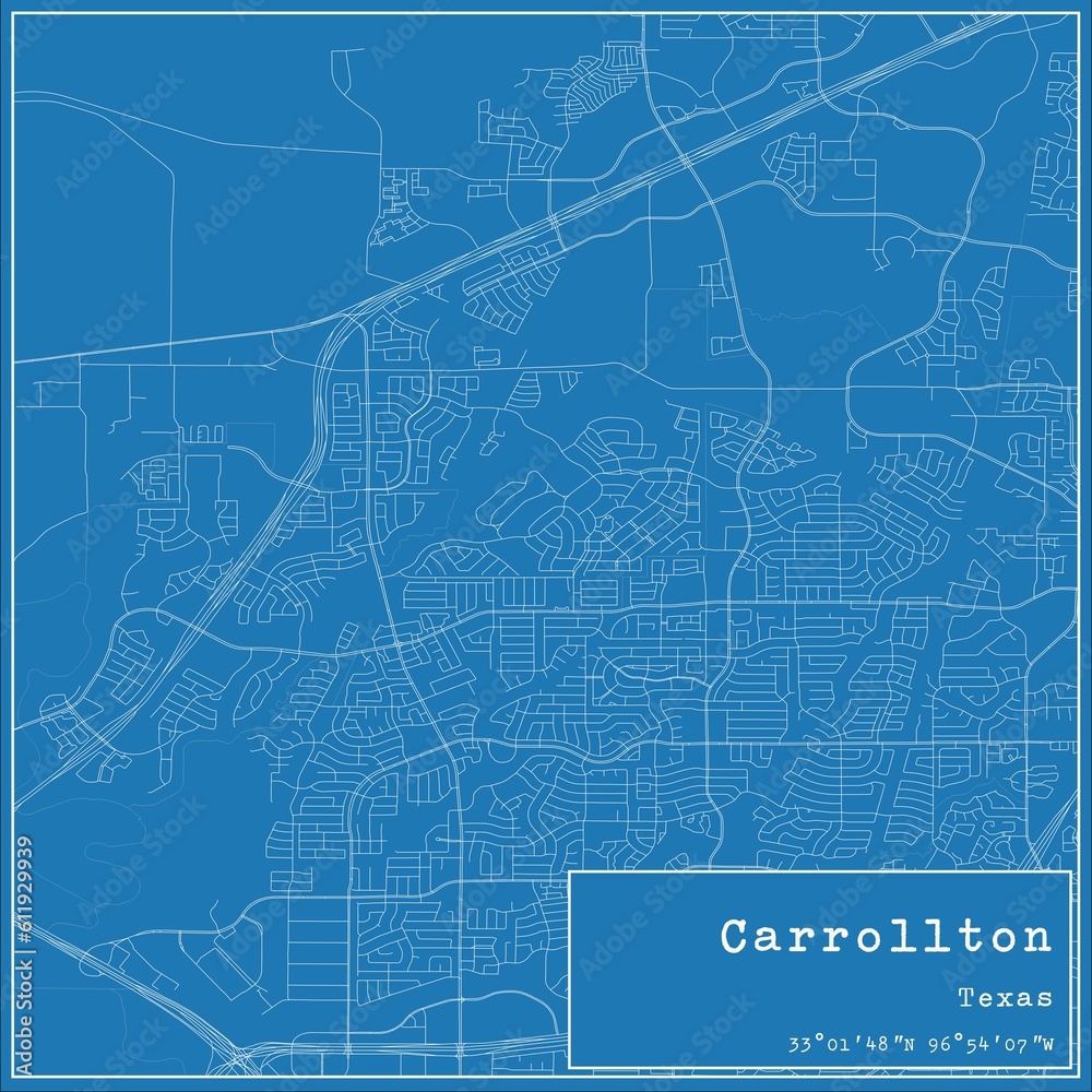 Blueprint US city map of Carrollton, Texas.