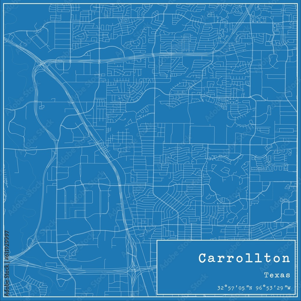 Fototapeta premium Blueprint US city map of Carrollton, Texas.