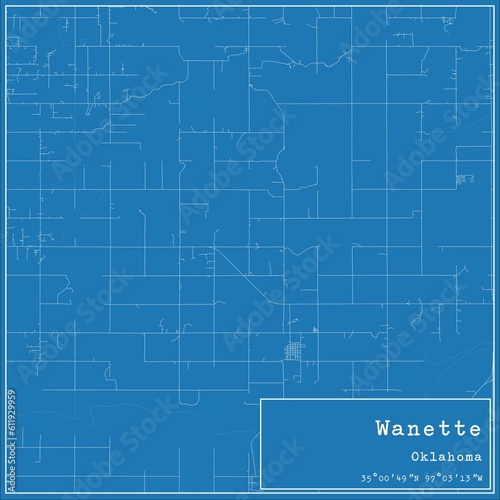 Blueprint US city map of Wanette, Oklahoma.