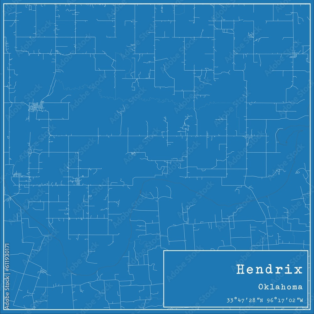 Obraz premium Blueprint US city map of Hendrix, Oklahoma.