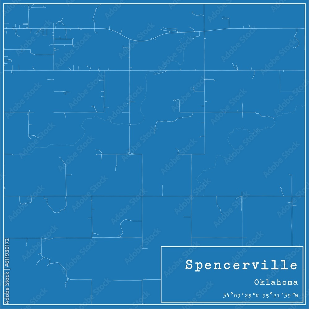 Blueprint US city map of Spencerville, Oklahoma.