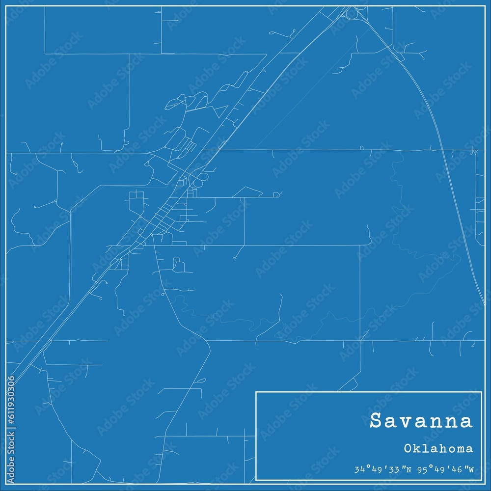Blueprint US city map of Savanna, Oklahoma.
