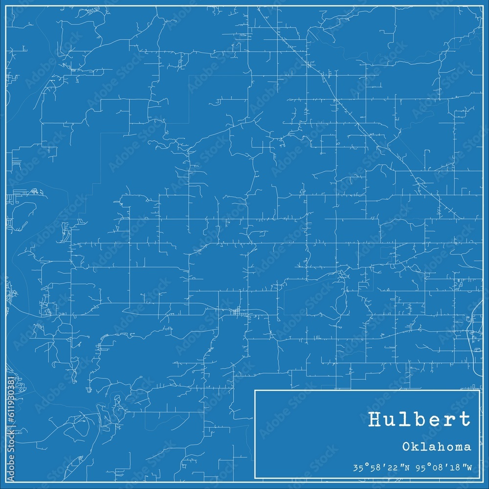 Blueprint US city map of Hulbert, Oklahoma.