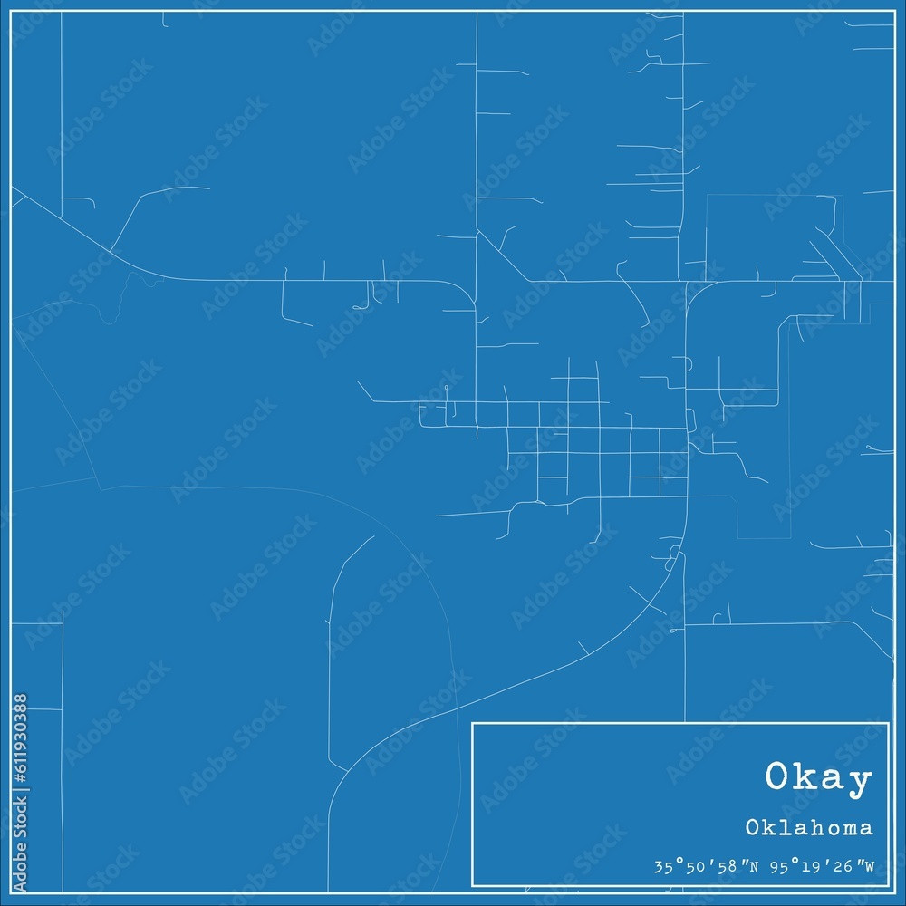 Blueprint US city map of Okay, Oklahoma. Blueprint US city map of Okay, Oklahoma.