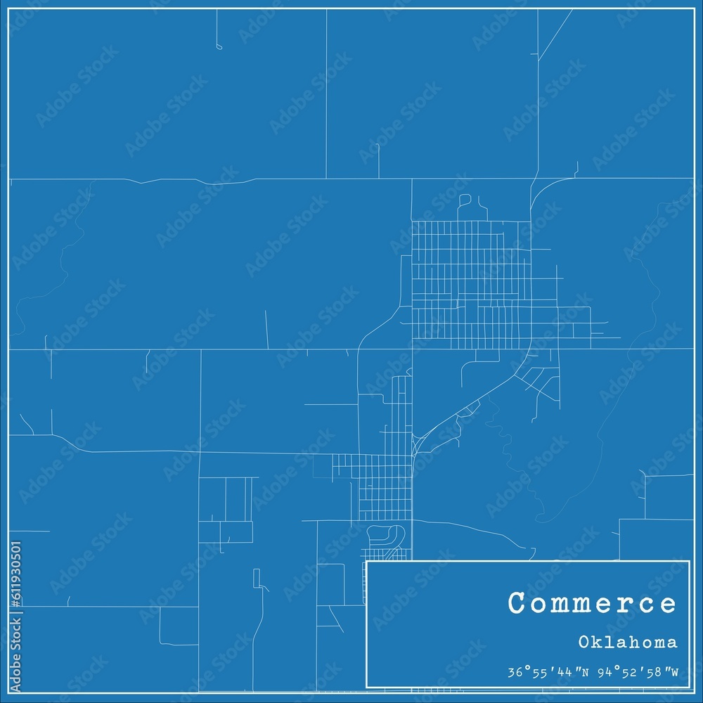 Blueprint US city map of Commerce, Oklahoma.