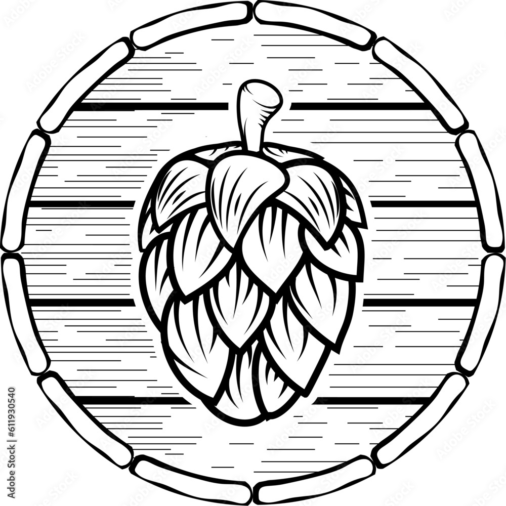 Beer barrel pub label template. Hop on a background of beer barrels