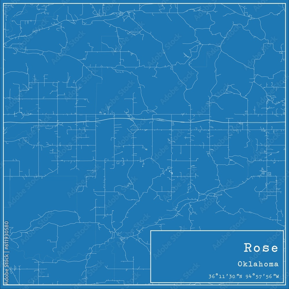 Blueprint US city map of Rose, Oklahoma.