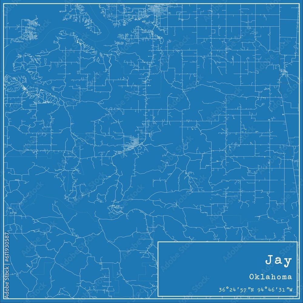 Blueprint US city map of Jay, Oklahoma.