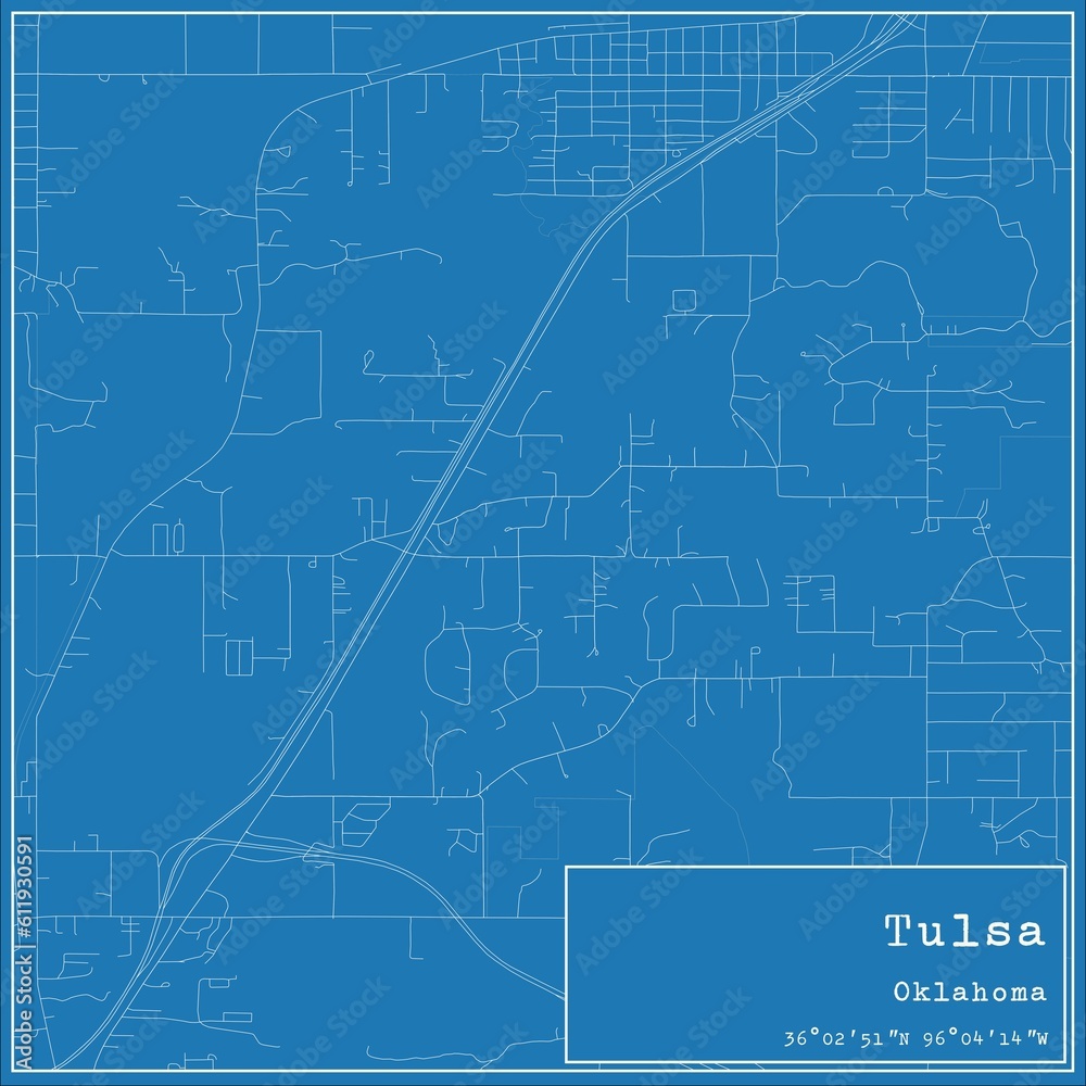 Blueprint US city map of Tulsa, Oklahoma.