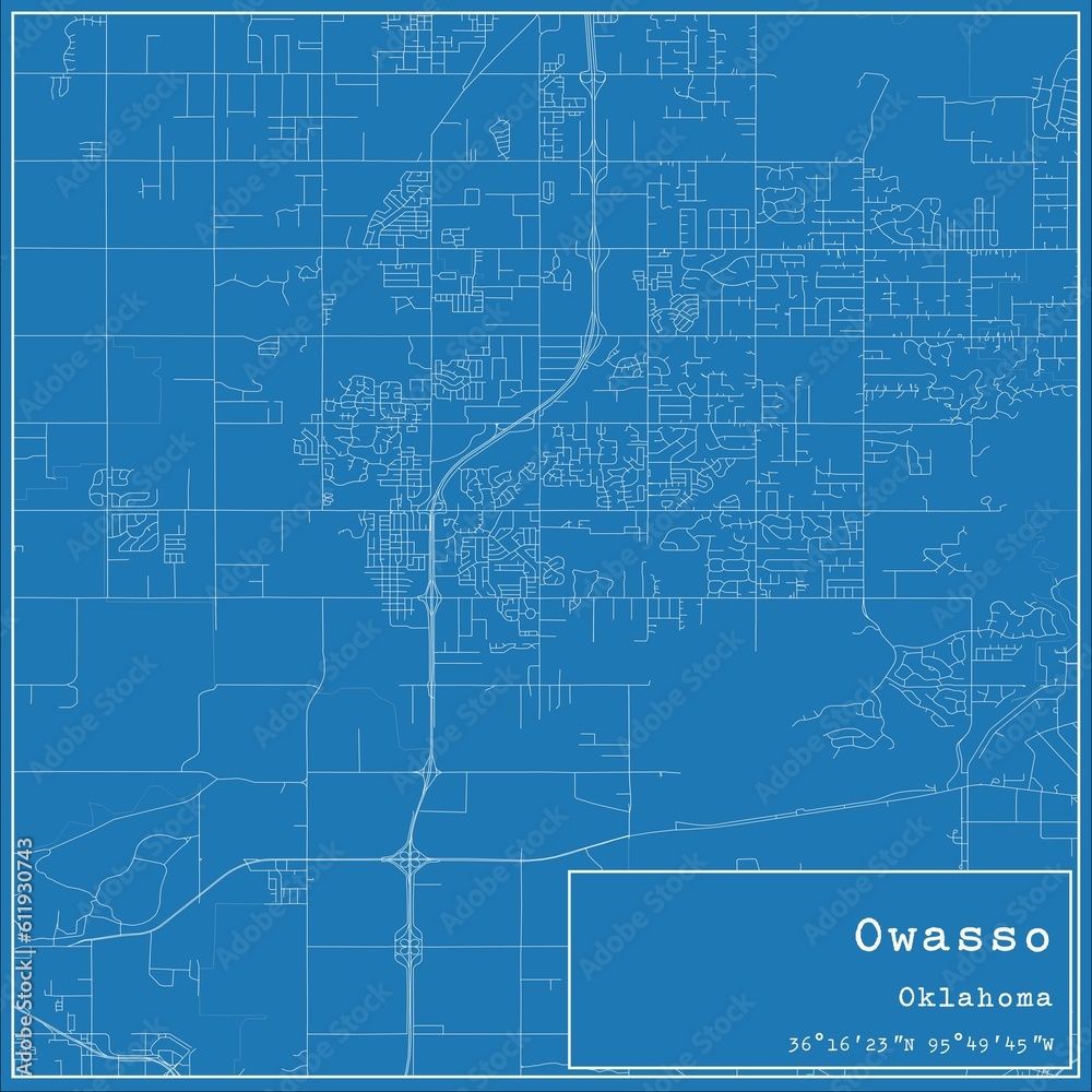 Blueprint US city map of Owasso, Oklahoma.