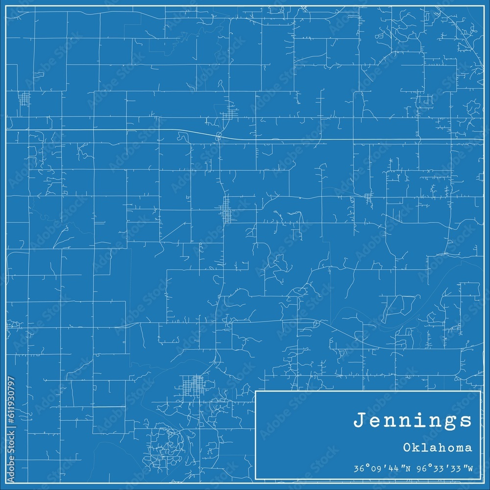 Blueprint US city map of Jennings, Oklahoma.